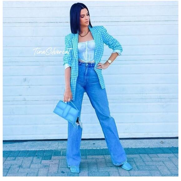 Zara Blazer Blue & White Gingham Blazer Bloggers Favorite Preppy Clueless Sz L - Picture 6 of 16